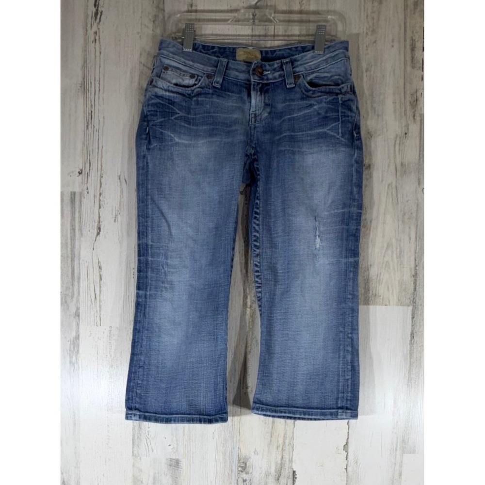 BKE Capri Jeans 26x19.5 Very Low Rise Distressed Cropped Medium Wash READ
